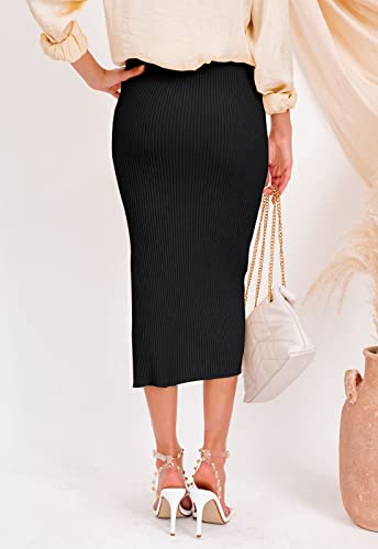 HERBATOMIA Midi Pencil Basic Skirt Casual Solid Split Side Stretchy Ribbed Knit Bodycon Mid Length Skirts for Women - color: Black, size: Small