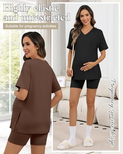 2 Pack Women Maternity Set Pregnancy Outfit - color: Coffee, Black, size: Small