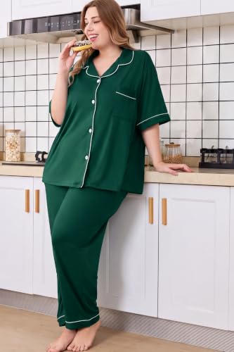 Women Plus Size Button Down Pajamas Long Pants Lounge Sets PJS - color: Dark Green, size: X-Large