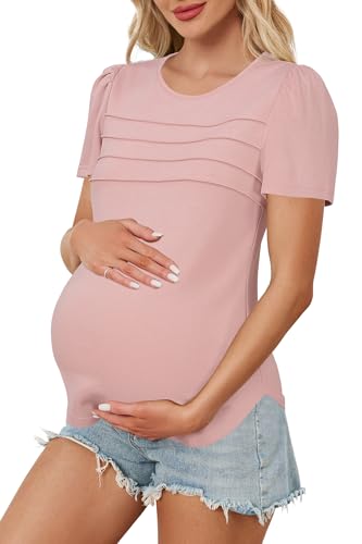 OUGES Womens 2026 Maternity Tops Shirts Pleated Short Sleeve Crew Neck Tunic Summer Casual Pregnancy Clothes - color: Pink, size: Large