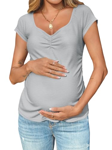 Tankaneo Womens Vneck Maternity Tops Cap Sleeve Fit Ribbed Pregnancy Tshirt - color: Grey, size: Large