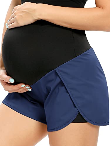 AMPOSH Women's Maternity Workout Shorts Over Belly Buttery Soft Athletic Yoga Running Shorts with Pocket - color: A03 Navy, size: Small