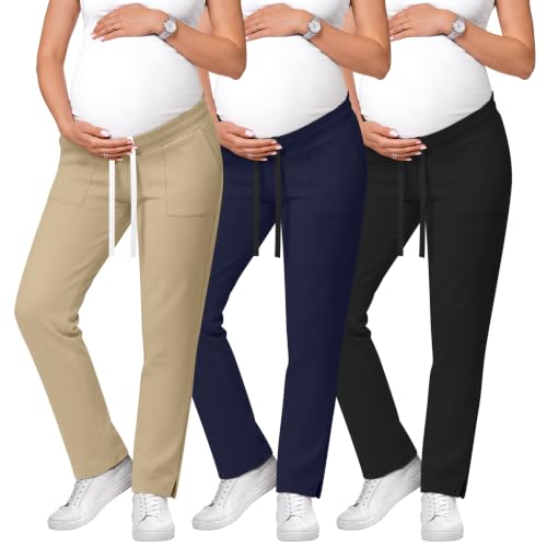 3 Pack Comfy Women's Maternity Scrub Pants - color: Khaki, Navy Blue, Black, size: XX-Large