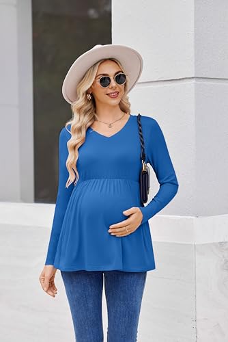 Ekouaer Maternity Shirts for Women Long Sleeve V Neck Fall Tops Clothes - color: Blue, size: Small