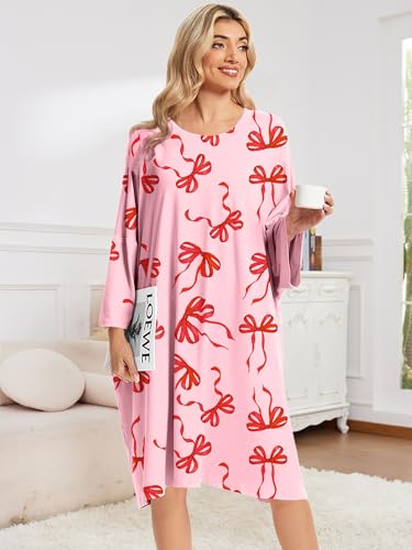 CRIPOM Plus Size Moo Moos for Women Oversized Sleep Shirts with Pockets - color: Pink Bowknot