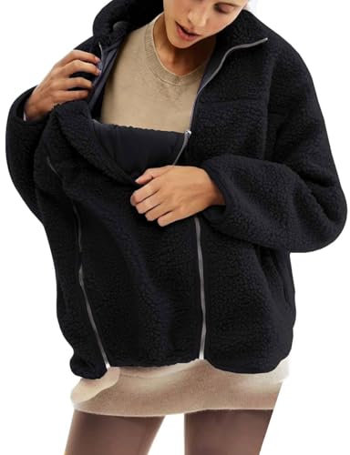 Maternity Coat Winter Mom Cozy Thicken Coats Fleece Sherpa Jacket - color: Black, size: Medium