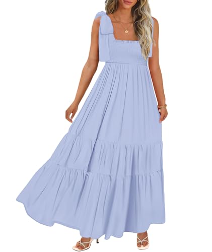 CURBODO Women's Summer Maxi Dress Boho Spaghetti Straps Casual Long A-line Smocked Beach Dress Flowy Sun Dresses with Pockets - color: Light Blue, size: Medium