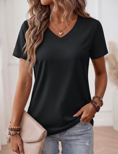 YUCOLEN Womens Shirts Cotton Short Sleeve Tops V Neck Casual Basic Tees - color: A-black, size: Small