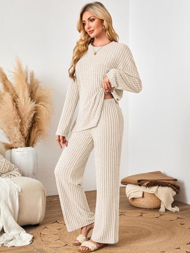 Kikibell Womens Sets 2 Piece Outfits Matching Lounge Set Cozy Knit Pajamas - color: Apricot, size: Medium
