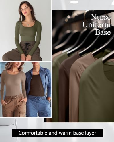 Neer 3 Pack Womens Underscrubs Long Sleeve Shirts for Nurse - color: Army Green, Khaki, Brown, size: X-Large