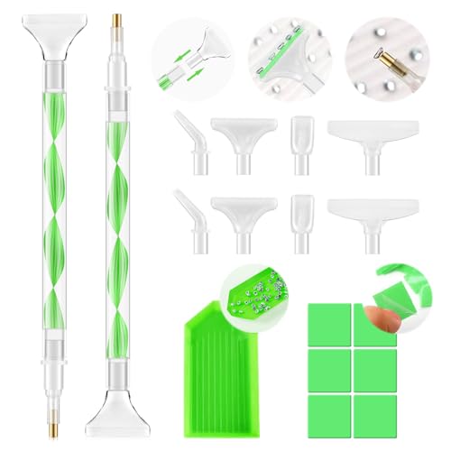 Rhinestone Picker Tool Kit: 2Pcs Rhinestone Picker Handle, Dual-Ended Rhinestones Applicator Bedazzling Tools Pen with 12 Upgraded Plastic Replacement Tips, Clay Nail Art Craft (Green) - color: Green/White