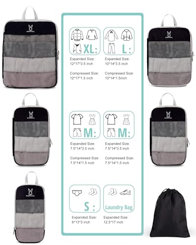 6/8 Set Space Saving Compression Packing Cubes Lightweight Packing Cube - color: Black, size: 8 Pcs(XL,L*2,M*2,S,laundry bag,shoes bag)