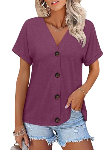 TICTICMISS Womens Summer Tops Short Sleeve Button Down V Neck T Shirts - color: Burgundy, size: Medium