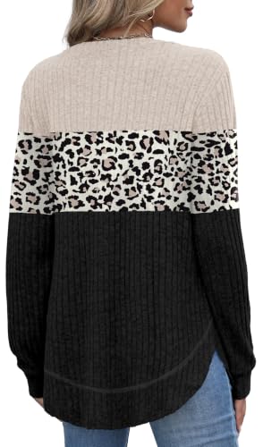 OFEEFAN Womens Sweaters Crew Neck Tunic Tops Long Sleeve Shirts Curved Hem - color: B-leopard Black, size: Small