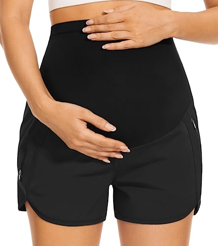 PACBREEZE Women's Maternity Shorts Over Belly Quick Dry Workout Athletic Running Shorts with Zipper Pockets - color: 04：black, size: XX-Large