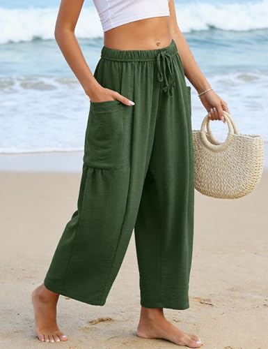 Flygo Women's Flowy Drawstring Wide Leg Pants with Side Pockets - color: Army Green, size: XX-Large