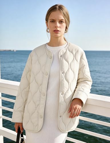 Flygo Womens Quilted Lightweight Jackets Oversized Puffer Coat with Pockets - color: Beige, size: Large