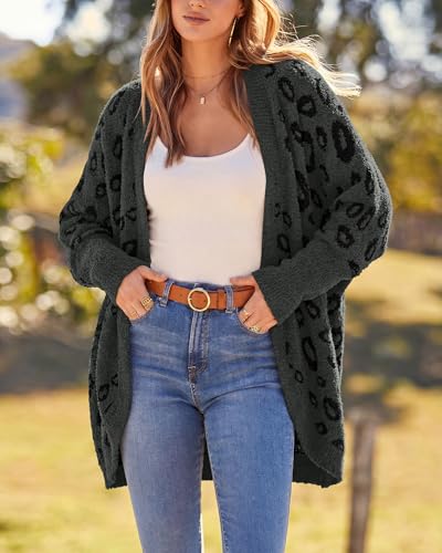 BTFBM Leopard Cardigan for Women Knit Fall Fashion Clothes - color: Dark Grey, size: Small