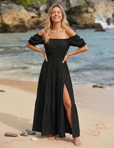 ZESICA Womens 2026 Summer Off Shoulder Boho Maxi Dress - color: Black, size: Medium