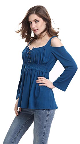 Women's Cold Shoulder Lace Up Casual Tunic Solid Blouse Tops - color: #0705_blue Green, size: Medium