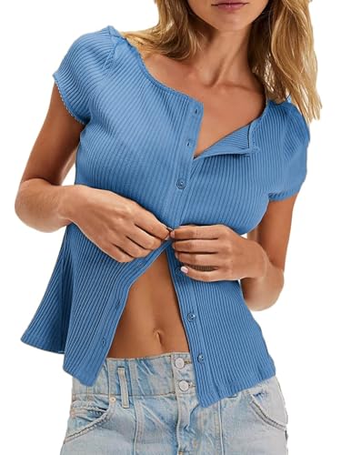 Womens Short Sleeve Cardigan Fitted Button Down Shirts Y2k Going Out Tops - color: Blue, size: Large