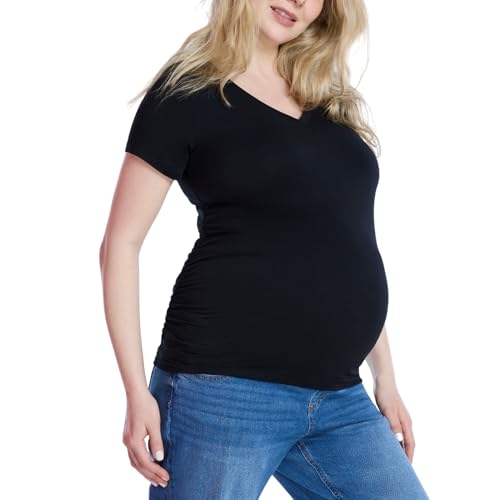 Motherhood Maternity Women's Short Sleeve Side Ruched V-Neck Pregnancy Tee Shirt - color: Black, size: 2X