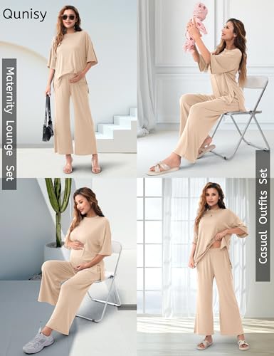 Maternity Lounge Set, 2 Piece Matching Set with Wide Leg Pants - color: Apricot, size: Small
