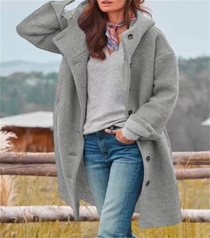 chouyatou Women's Winter Single Breasted Long Wool Coat with Hood Casual Wool Blend Trench Coat Jacket - color: Gray, size: Small