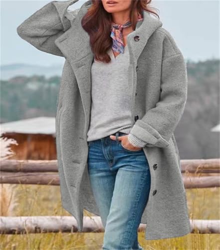 chouyatou Women's Winter Single Breasted Long Wool Coat with Hood Casual Wool Blend Trench Coat Jacket - color: Gray, size: X-Large