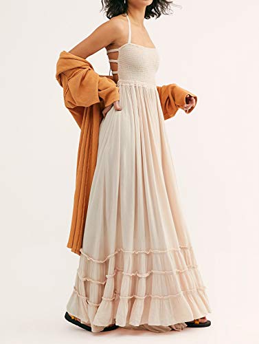 R.Vivimos Womens Summer Boho Sexy Backless Long Dresses - color: Beige, size: Small