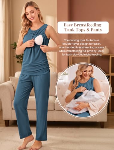 Women 3PCS Maternity Robe Sets Nursing Pajamas Postpartum Breastfeeding Pjs - color: Dark Blue, size: Medium