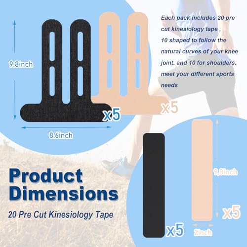 20 PCS Waterproof Kinesiology Tape, Precut Strips Knee Pain Relief Support - color: Black and Beige