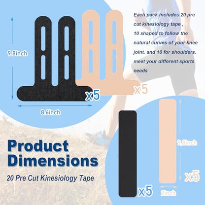 20 PCS Waterproof Kinesiology Tape, Precut Strips Knee Pain Relief Support - color: Black and Beige