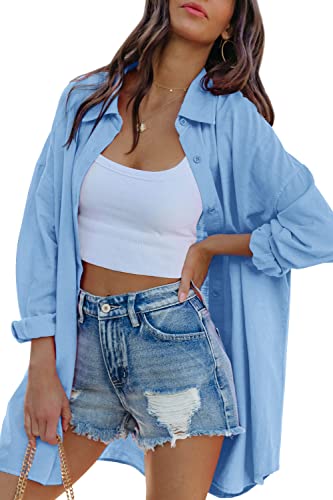 FSHAOES Womens Oversized Button Down Shirts Casual Loose Long Sleeve Solid Lapel Long Blouses Tops with Pockets - color: 03-sky Blue, size: X-Large