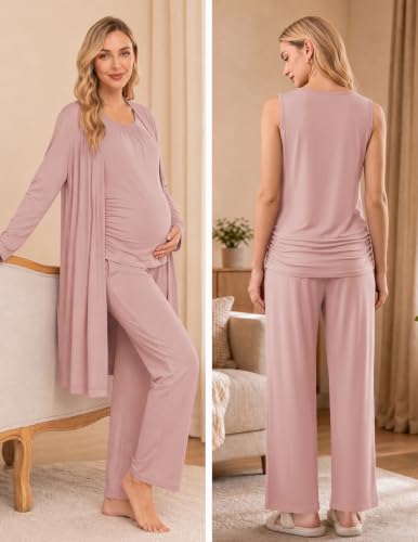 Women 3PCS Maternity Robe Sets Nursing Pajamas Postpartum Breastfeeding Pjs - color: Dirty Pink, size: Medium