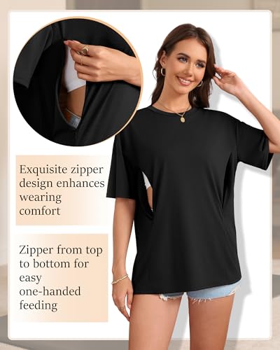 3 Pack Women's Oversize Nursing Tops - color: Light Brown, White, Black, size: X-Large