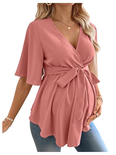 MakeMeChic Women's Maternity Nursing Blouse Wrap Belted Pregnancy Shirt - color: Dusty Pink, size: Medium