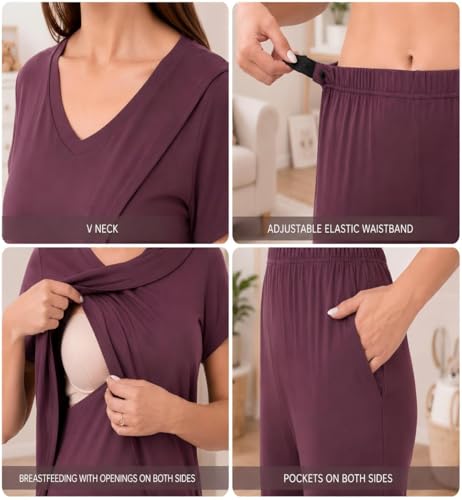 Rnxrbb V Neck Nursing Pajamas Set 3 Pack Postpartum Pjs Breastfeeding Sleepwear for Women Double Layer with Pockets,Deep Purple-L