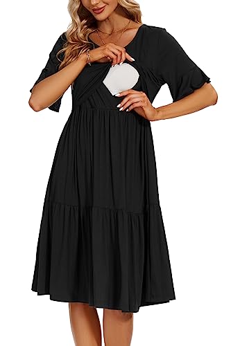 Smallshow Women's Ruffle Maternity Nursing Dress - color: Black, size: Small