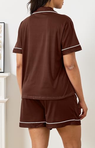 Vopmocld Women Pajama Shorts Sets Cozy 2pcs Button Down Sleepwear Solid PJS - color: Brown, size: X-Large