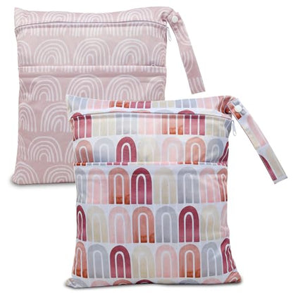 2pcs Waterproof Cloth Diaper Wet Dry Bags with Two Zippered Pockets - color: Pink Rainbows