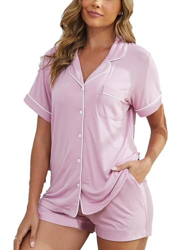 Womens Pajama Sets Short Sleeve Sleepwear Soft Button Down Nightwear Lounge Pj Set XS-XXL - color: Bean Pink, size: Small
