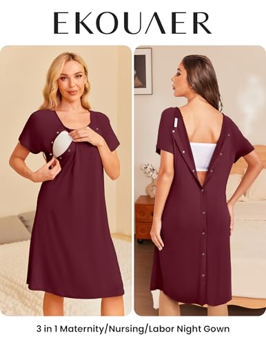 2 Pack Labor and Delivery Gown 3 in 1 Maternity Nursing Hospital Nightgown - color: 2 Pcs - Black + Dark Red, size: Medium