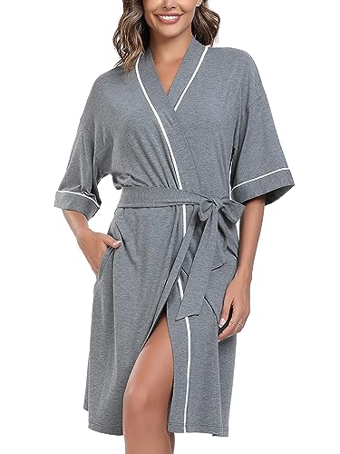 COLORFULLEAF Womens Bamboo Short Robes Lightweight Kimono Cotton Robe Soft Knit Bathrobe Ladies Loungewear with Pockets - color: Deep Grey, size: X-Large