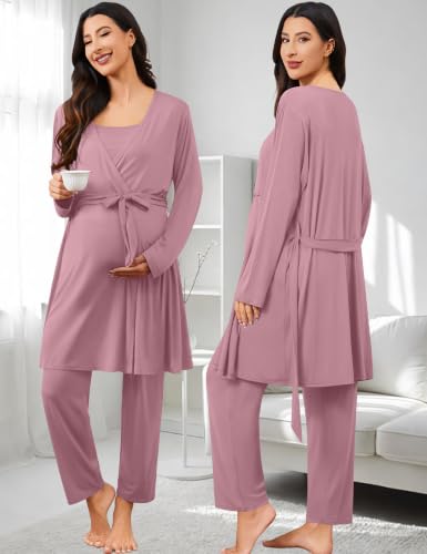 SWOMOG Maternity Nursing Robe Set 3 PCS Postpartum Pajamas Breastfeeding Pregnancy Robe & Camisole & Pants - color: Taro Purple, size: Medium