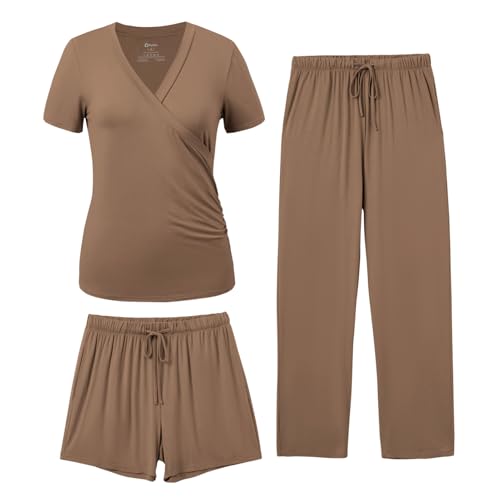PATPAT 3-Piece Maternity Nursing Pajamas, Womens Lounge Set with Pockets - color: Brown, size: Medium