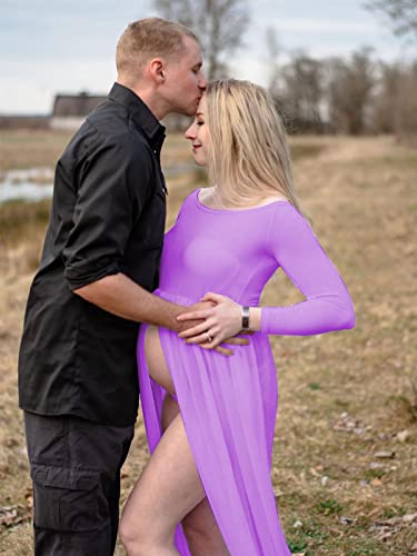 YnimioAOX Maternity Photoshoot Dress Off Shoulder Long Sleeve - color: Ltmauve