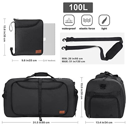 100L Duffle Bag for Travel, Extra Large Foldable Waterproof Duffel Bag - color: Black, size: 100L