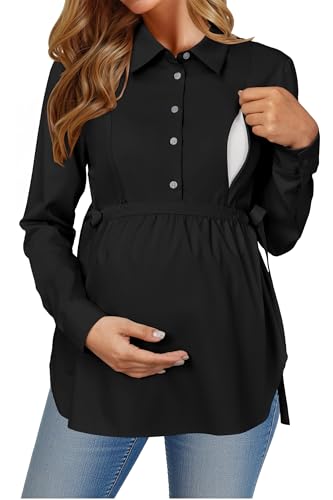 OUGES Women's Maternity Nursing Shirts Long Sleeve Hidden Zippers Pregnancy Blouse Button Down Work Office Tops 2025 - color: Black, size: Medium