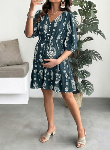 BLENCOT Women's Casual V Neck Button Down Half Long Sleeve Boho Flowy Floral Printed Mini Dress Summer Dresses Maternity - color: Blue, size: Medium